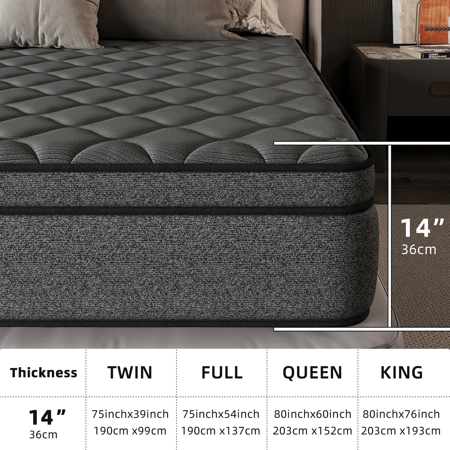 SILENCE MANGO 14 inch Full Size Euro Top Mattress Grey Hybrid Medium Firm for Back & Lumbar Support,Bed Mattress in a Box,Individual Pocket Spring for Motion Isolation & Pressure Relief