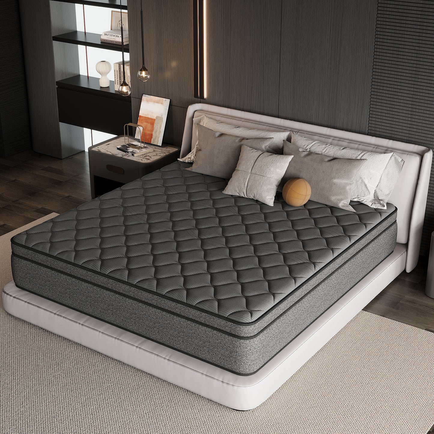 SILENCE MANGO 14 inch Full Size Euro Top Mattress Grey Hybrid Medium Firm for Back & Lumbar Support,Bed Mattress in a Box,Individual Pocket Spring for Motion Isolation & Pressure Relief