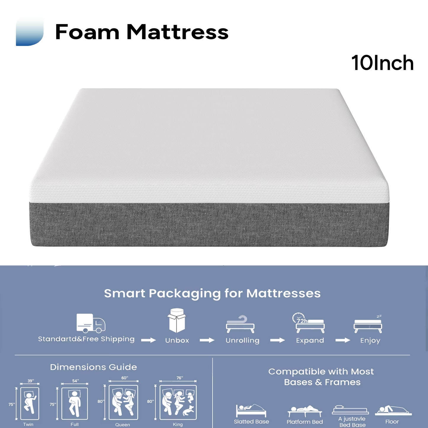 Twutri New Version 10 Inch Twin Memory Foam Mattress, Medium Firm, Zoned Pressure Relief, Certified Safe Foam & Fabric, Mattress in a Box,Adult