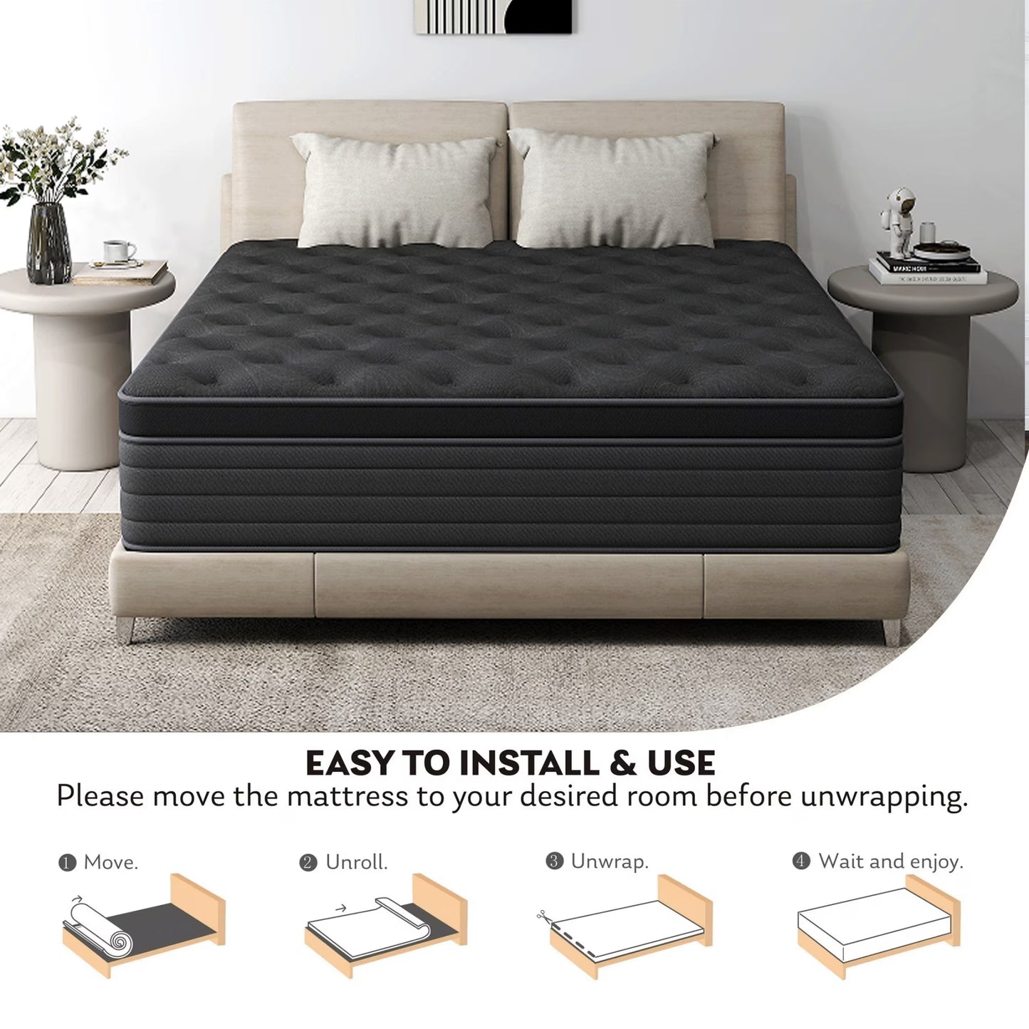 SILENCE MANGO 14 Inch King Size Euro Top Hybrid Mattress, Medium Firm, Grey, Bed in a Box, Individual Pocket Springs, Back & Lumbar Support, Motion Isolation, Pressure Relief
