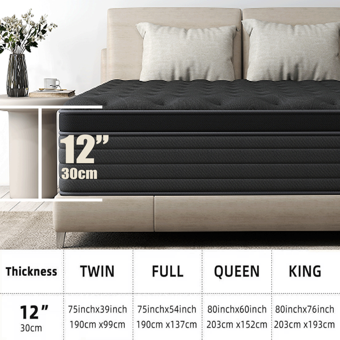 SILENCE MANGO 12 Inch Twin Size Euro Top Hybrid Mattress, Medium Firm, Grey, Bed in a Box, Individual Pocket Springs, Back & Lumbar Support, Motion Isolation, Pressure Relief
