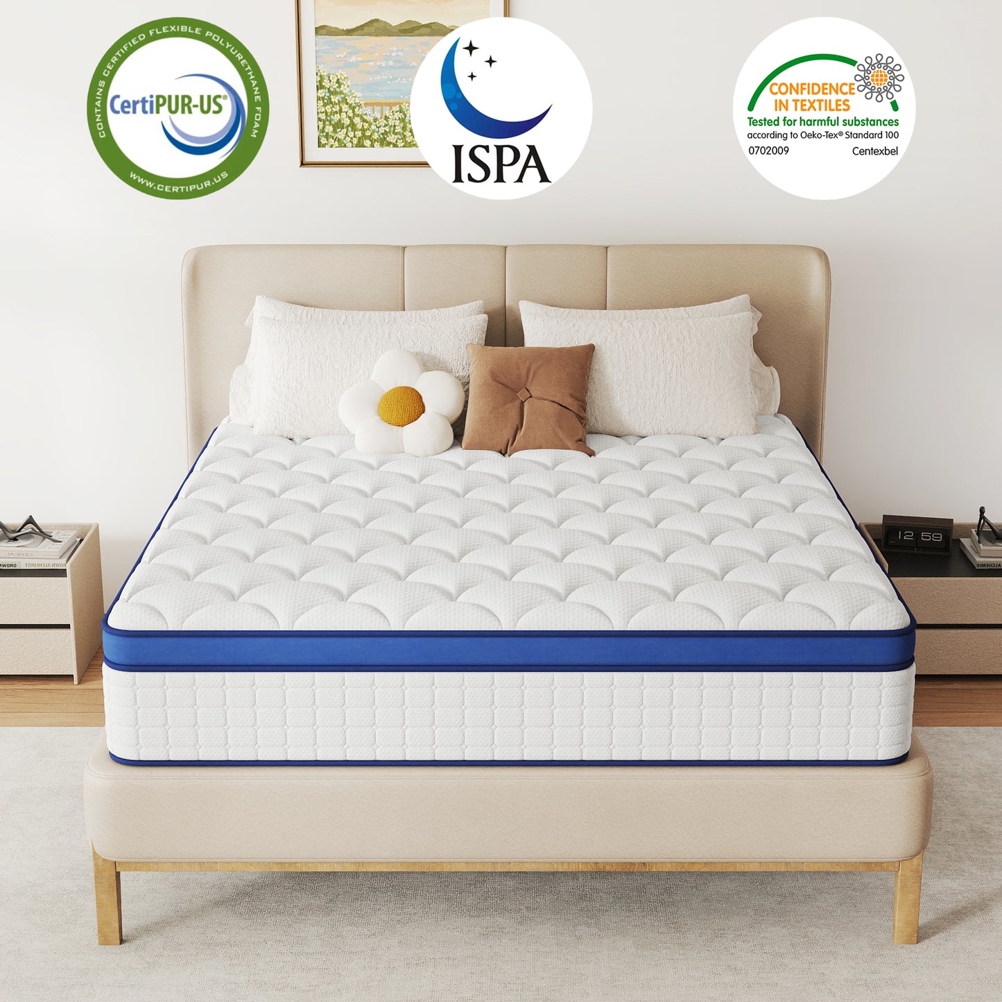 12 inch Queen Size Medium Firm Hybrid Mattress,High Density Foam Layer, Individually Pocketed Springs, Gel Design, Boxed Memory Foam Mattress, Hypoallergenic Material，Motion Isolation Feature