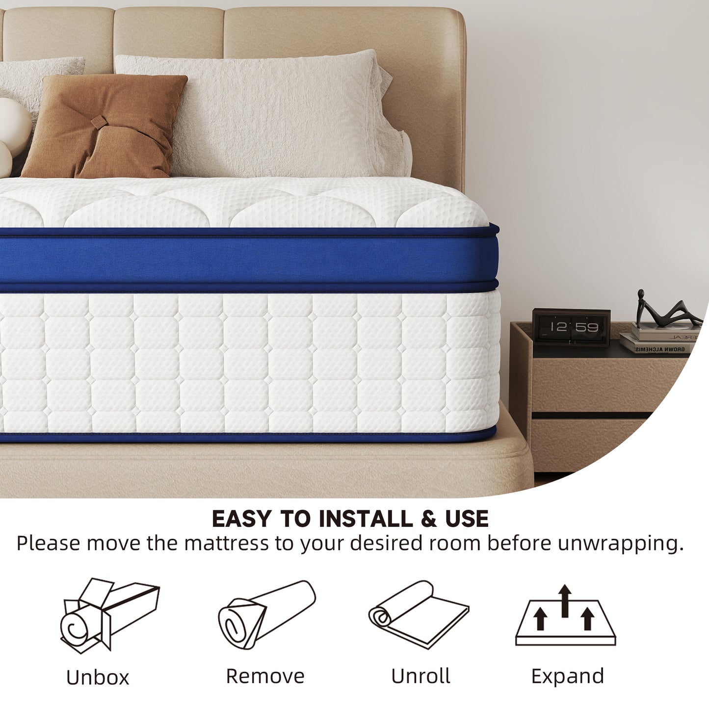 12 inch Queen Size Medium Firm Hybrid Mattress,High Density Foam Layer, Individually Pocketed Springs, Gel Design, Boxed Memory Foam Mattress, Hypoallergenic Material，Motion Isolation Feature