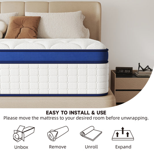 12 inch Full Size Medium Firm Hybrid Mattress,High Density Foam Layer, Individually Pocketed Springs, Gel Design, Boxed Memory Foam Mattress, Hypoallergenic Material，Motion Isolation Feature