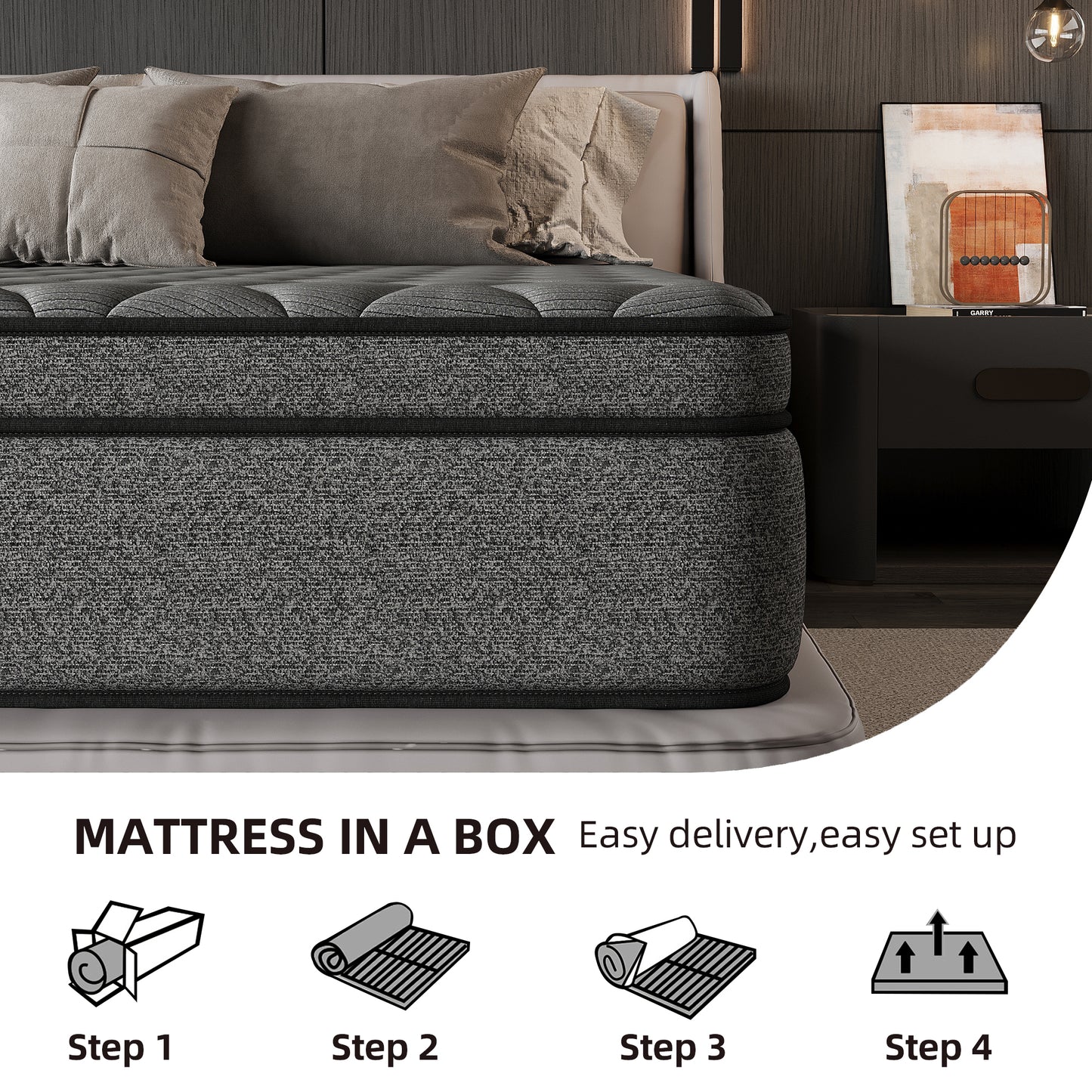SILENCE MANGO 14 inch Full Size Euro Top Mattress Grey Hybrid Medium Firm for Back & Lumbar Support,Bed Mattress in a Box,Individual Pocket Spring for Motion Isolation & Pressure Relief