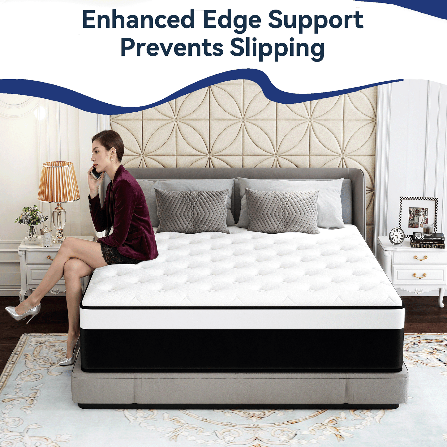 Twutri 14 Inch Full Euro Top Hybrid Mattress, Memory Foam with Individual Pocket Springs, Medium Firm Mattress in a Box(Black & White)