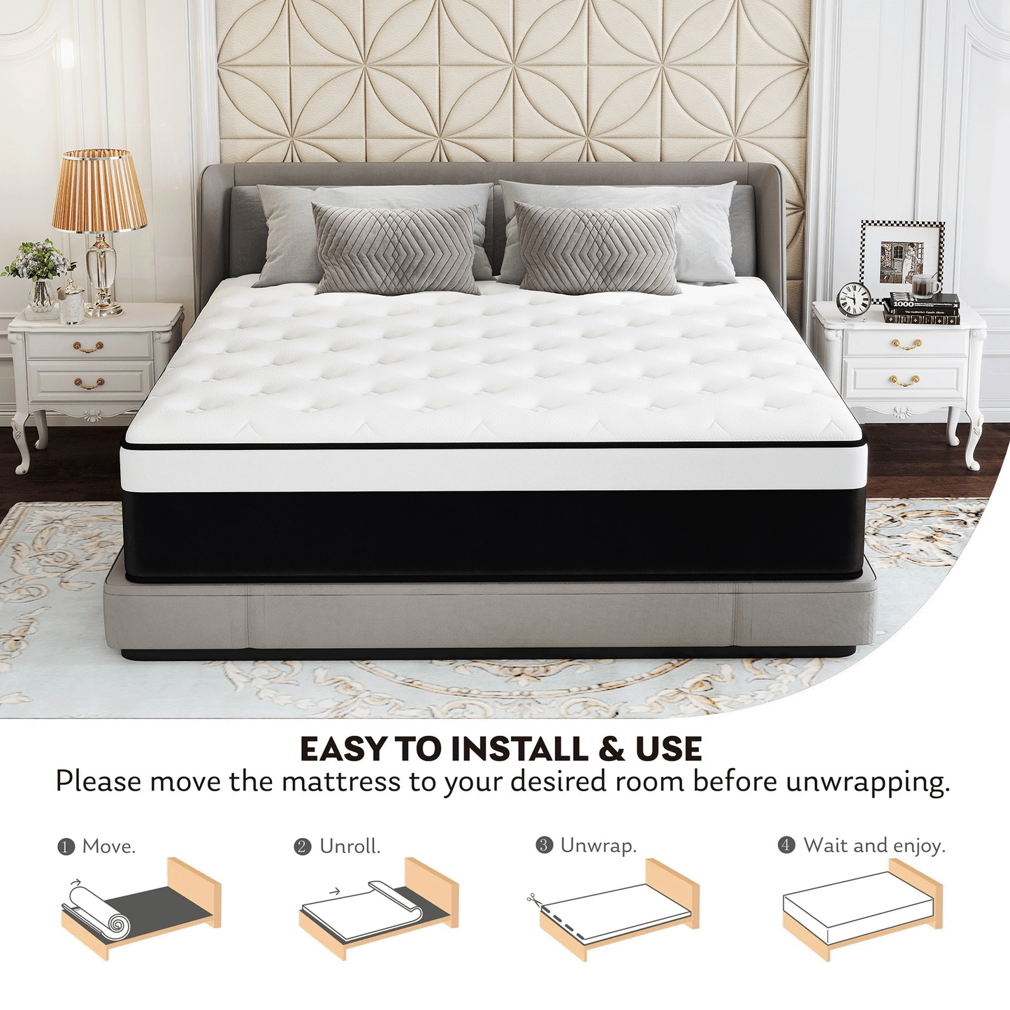 Twutri 14 Inch Full Euro Top Hybrid Mattress, Memory Foam with Individual Pocket Springs, Medium Firm Mattress in a Box(Black & White)