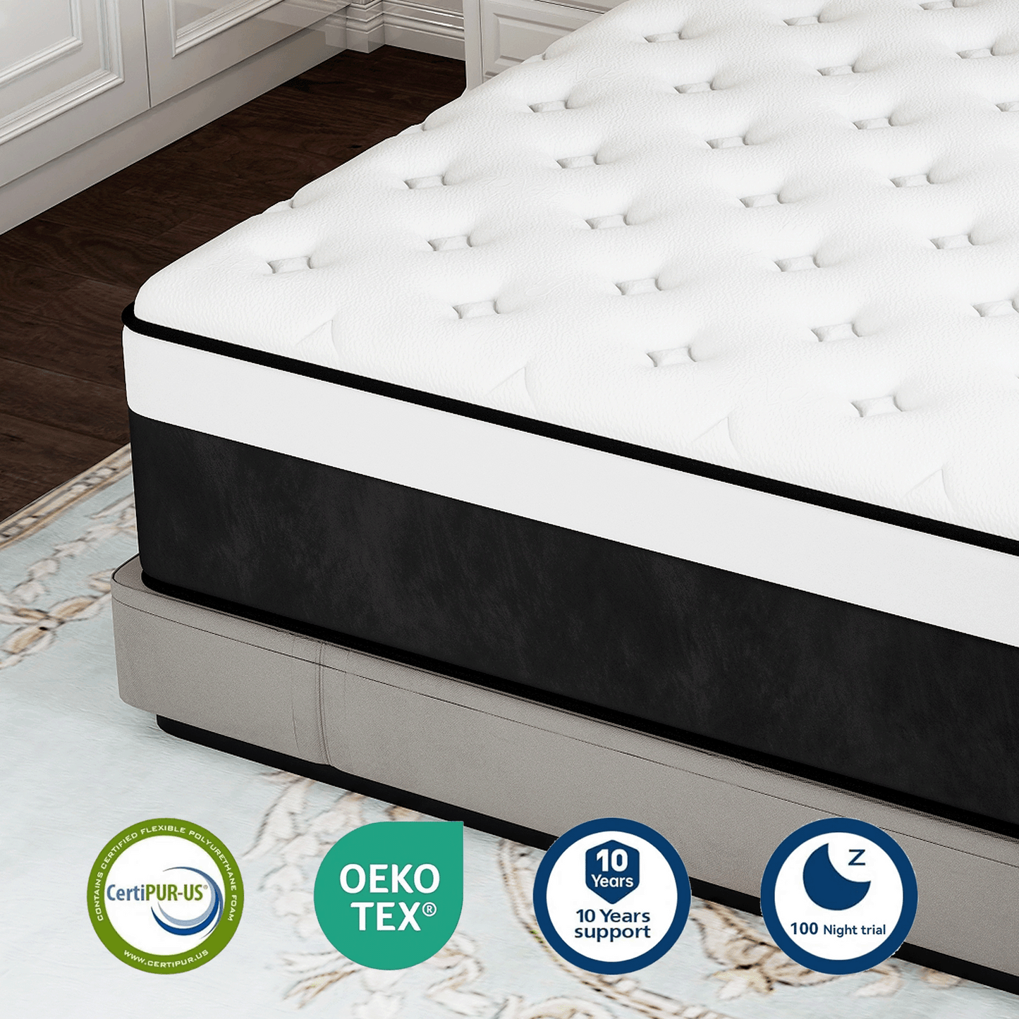 Twutri 14 Inch Full Euro Top Hybrid Mattress, Memory Foam with Individual Pocket Springs, Medium Firm Mattress in a Box(Black & White)