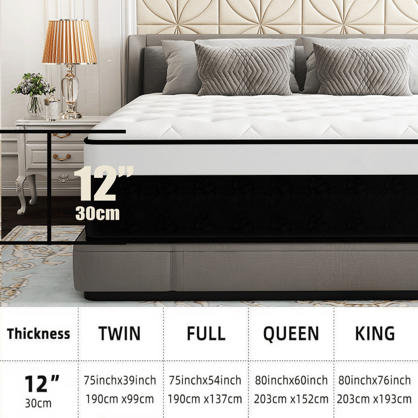 Twutri 12 Inch King Euro Top Hybrid Mattress, Memory Foam with Individual Pocket Springs, Medium Firm Mattress in a Box(Black & White)