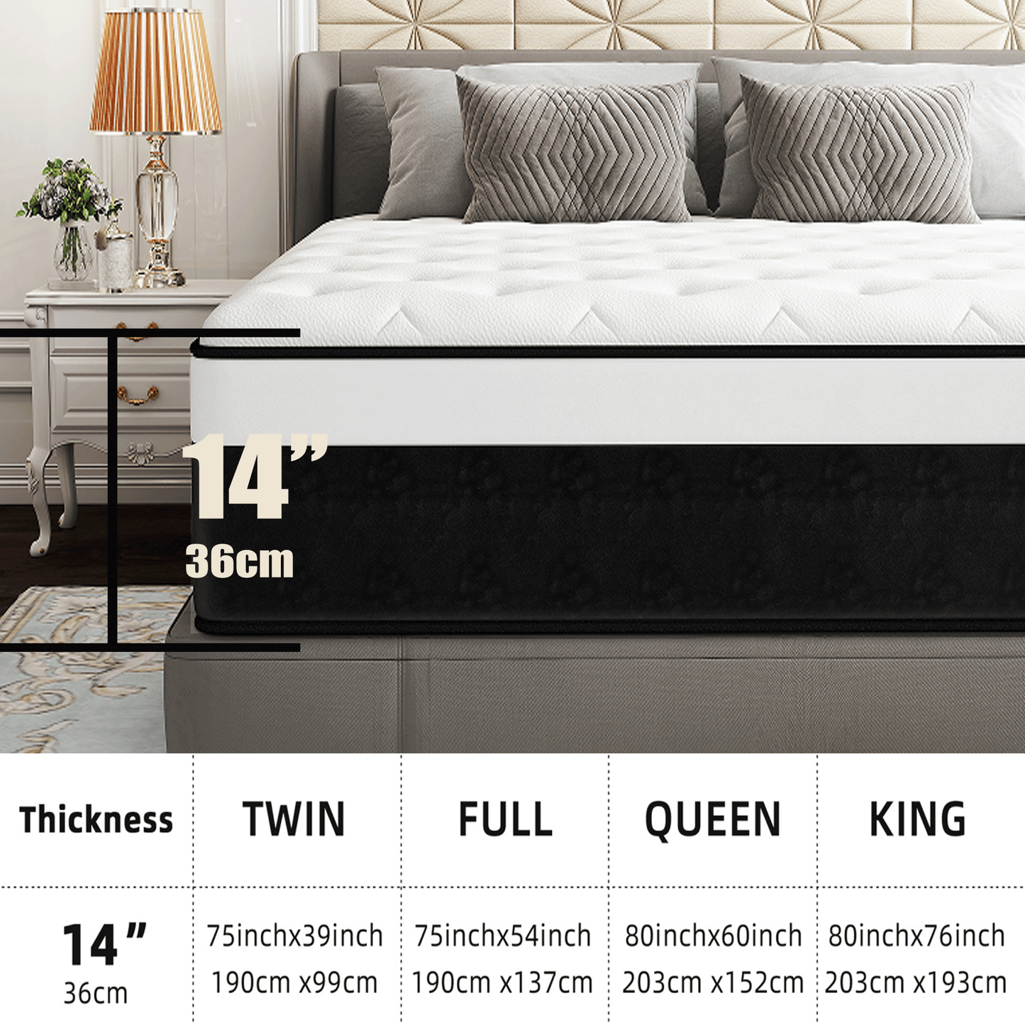 Twutri 14 Inch Full Euro Top Hybrid Mattress, Memory Foam with Individual Pocket Springs, Medium Firm Mattress in a Box(Black & White)