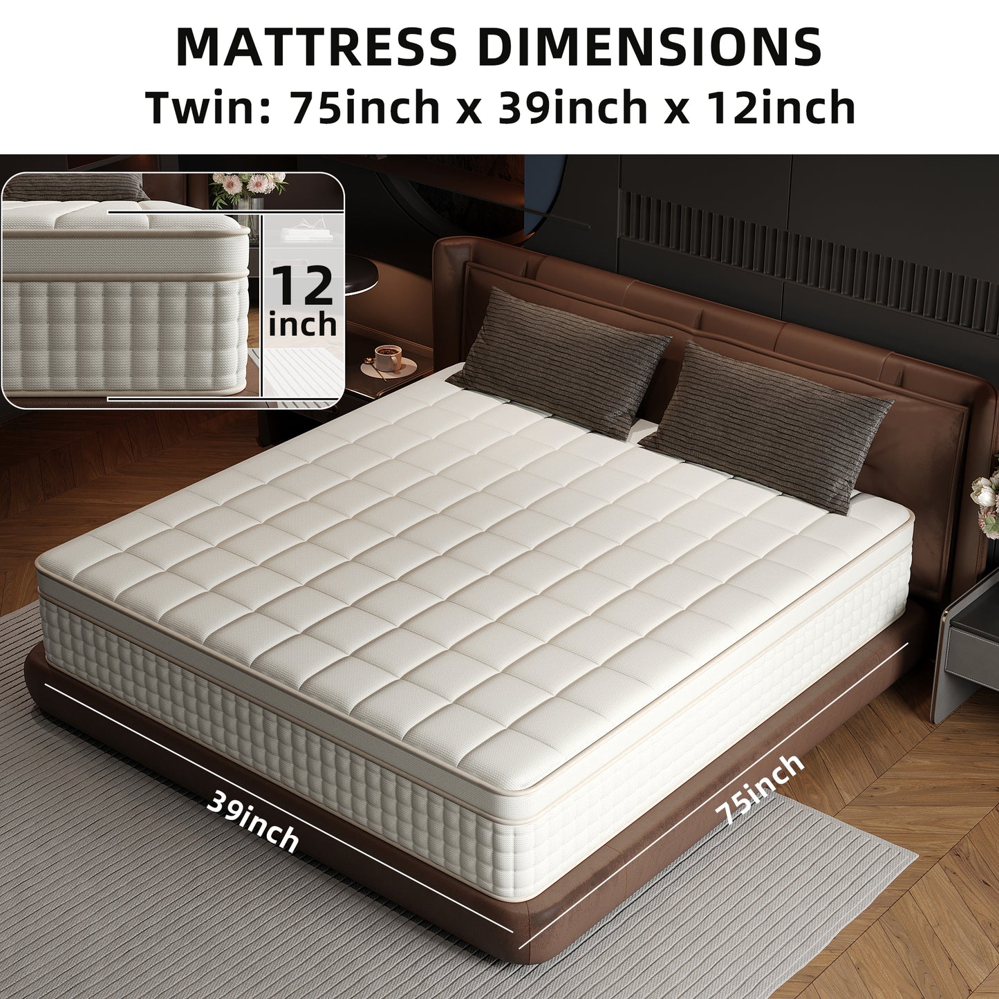 SILENCE MANGO 12 inch Twin Sized Hybrid Mattress, Gel Memory Foam, Individually Wrapped Pocket Springs, Medium Firmness, Zoned Pressure Relief Design, Boxed Mattress, High-density Foam Layer
