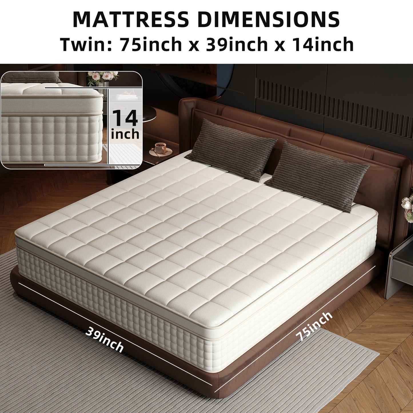 SILENCE MANGO 14 inch Twin Sized Hybrid Mattress, Gel Memory Foam, Individually Wrapped Pocket Springs, Medium Firmness, Zoned Pressure Relief Design, Boxed Mattress, High-density Foam Layer